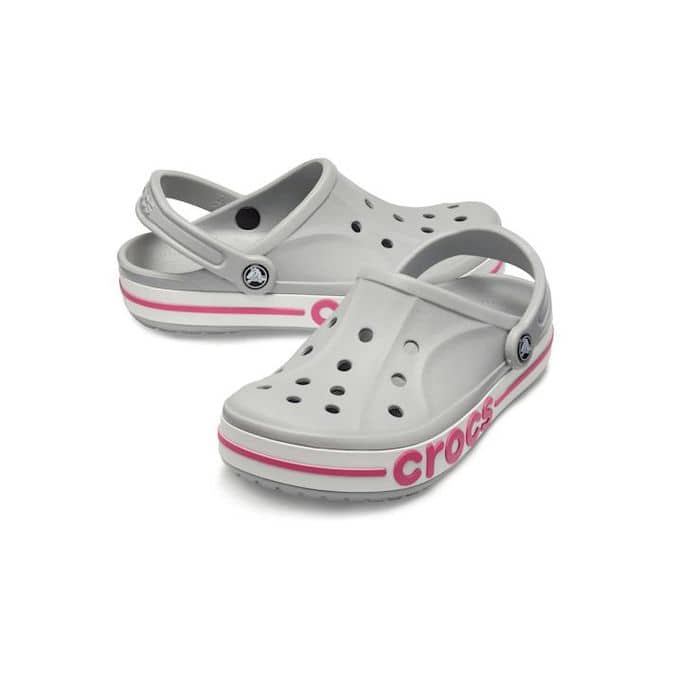 gray and pink crocs